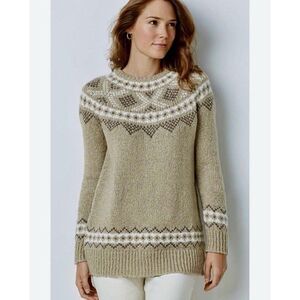 J Jill Fair Isle Sweater Wool Blend Tan Neutral Size Large (14-16) Cozy Timeless